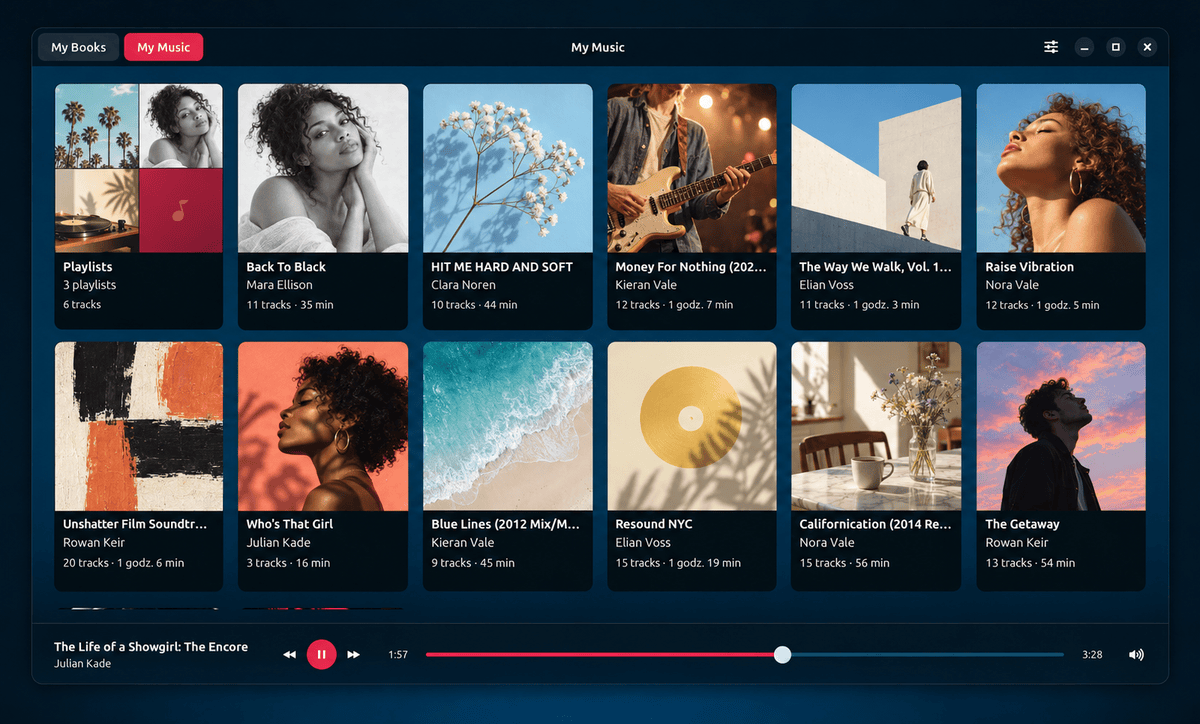 HyperBook desktop music library with albums and playlists